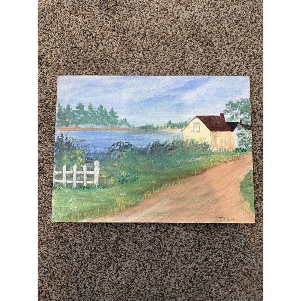 Vtg 1980's Oil Painting Maine Lakeside Cottage 9x12 Canvas Panel